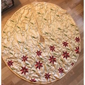 Holiday Gold Embroidered Red Poinsettia Christmas Polyester Tree Skirt